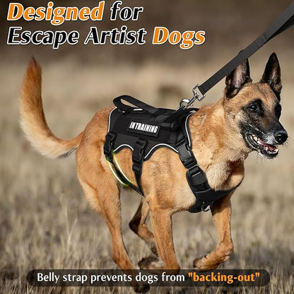 WINSEE Escape Proof Dog Harness, Service Working Molle Harness with Double Handle, Tactical Pet Vest with 4 Patches for Small Medium Large Dogs Walking Hiking Hunting
