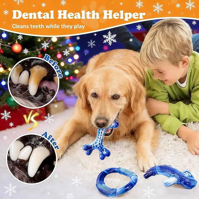 Furdog Indestructible Dog Toys for Aggressive Chewers 3 Pack, Tough Dog Toys for Large Dogs Chew Toys Keep Them Busy, Bacon Flavor, Blue