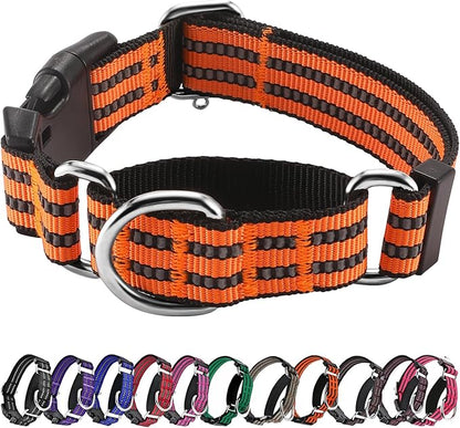 Hikiko Martingale Dog Collars Reflective Nylon Dog Collar with Quick Release Buckle Adjustable Training No Slip Dog Collar (Medium, Orange)