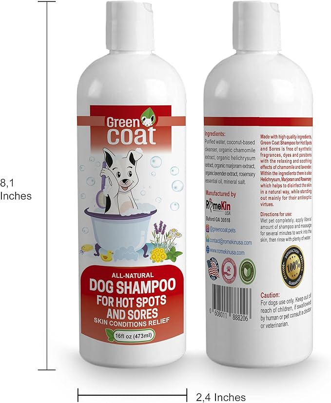 Green Coat Natural Dog Shampoo for Hot Spots And Sores | Soothing Relief for Irritated Or Itchy Skin | Made In The USA With Organic and Natural Ingredients | Made with essential oils | 16fl oz 473 ml.