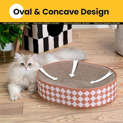 Conlun Oval Cat Scratcher Bed, 2-in-1 Cat Scratching Board, Natural Corrugated Cardboard Scratch Pad Lounge, Sealed Base Traps Debris,No Assembly Kitty Furniture,Stylish Colors Blends Any Home Decor