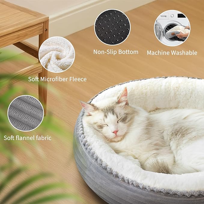 Zerbuger 23in Round Cat Dog Bed for Large Medium Small Dogs Cats, Machine Washable Sleeping Sofa, Non-Slip Bottom Breathable Soft Calming Pet Cuddler for Indoor/Outdoor/Car/Cage, Light Grey