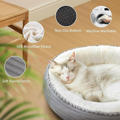 Zerbuger 20in Washable Cat Beds for Indoor Cats - Round Donut Pet Bed for Cats, Small Dogs, Puppy, Kitten - Anti-Slip Bottom, Calming Bed Gift - Ideal for Every Home Space - Light Grey