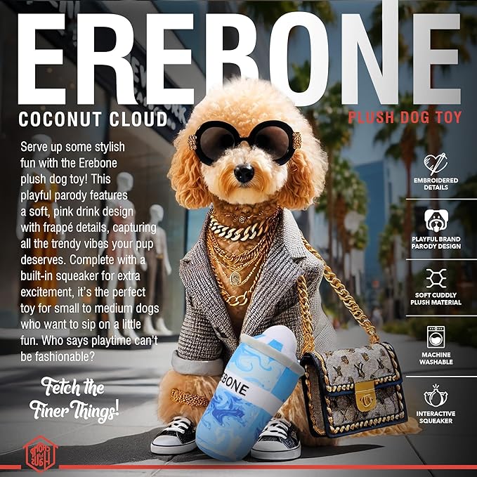Chomp Haus Erebone – Luxurious Plush Dog Toy with Squeaker, Premium Fabric, Embroidered Details, Designer-Inspired Chew Toy, Fun Gift for Small to Medium Dogs & Dog Lovers