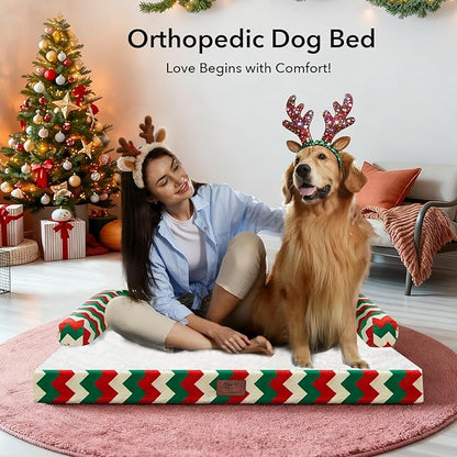 XL Christmas Dog Bed for Extra Large Dogs-Waterproof Large Dog Cat Bed with Sides,Foam Big Pet Couch Sofa Beds with Washable Removable Cover，Comfort Orthopedic Pet Beds with Non-Slip Bottom