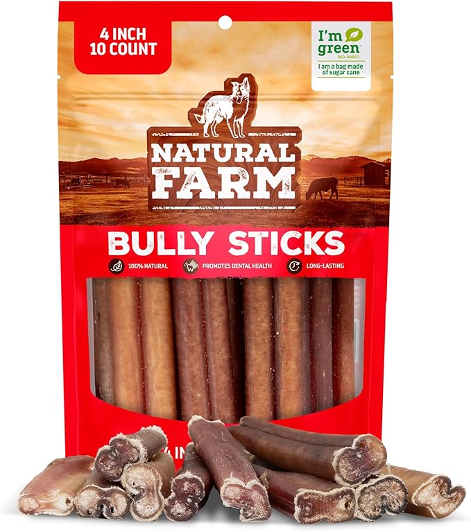 Natural Farm Odor Free Bully Sticks (4 Inch, 10 Pack) for Small & Medium Dogs - 100% Beef Chews for Pups, Non-GMO, Grain-Free, Fully Digestible Long Lasting Dog Treats