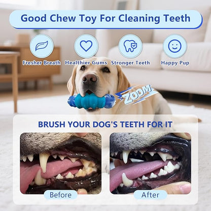 Indestructible Dog Toys for Aggressive Chewers, Tough Chew Proof Toy for Large Dogs, Squeaky Rubber Chew Toy with Beef Flavor for Boredom & Anxiety Relief (Blue)