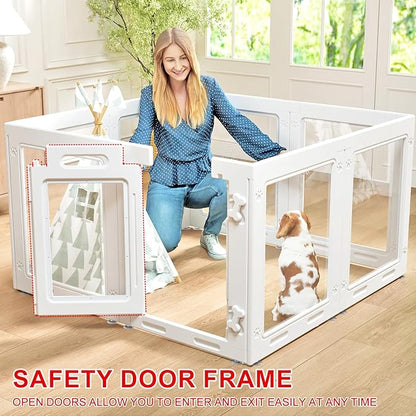 Clear Acrylic Dog Playpen with Door,23.6" Puppy Playpen,Easy Assemble Pet Fence,8-Panel for Puppies/Small Dog Play Pen Indoor (White-8, 23.6 Inch-H, 8 Panel)