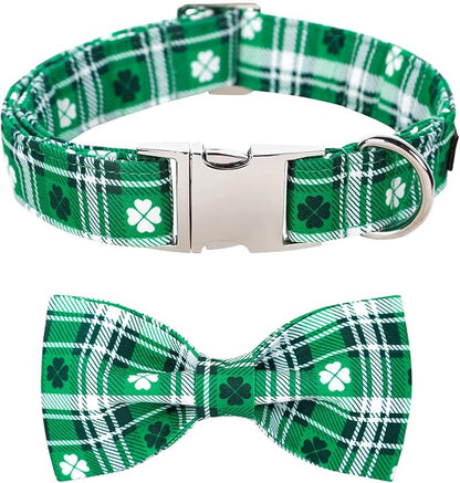 Lionet Paws St Patricks Day Dog Collar with Bowtie, Irish Green Shamrock Clover Bowtie Collar with Metal Buckle for Dog Girl Boy, M, Neck 13.5-22 in