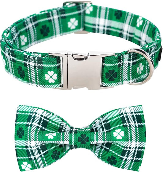 Lionet Paws St Patricks Day Dog Collar with Bowtie, Irish Green Shamrock Clover Bowtie Collar with Metal Buckle for Dog Girl Boy, M, Neck 13.5-22 in
