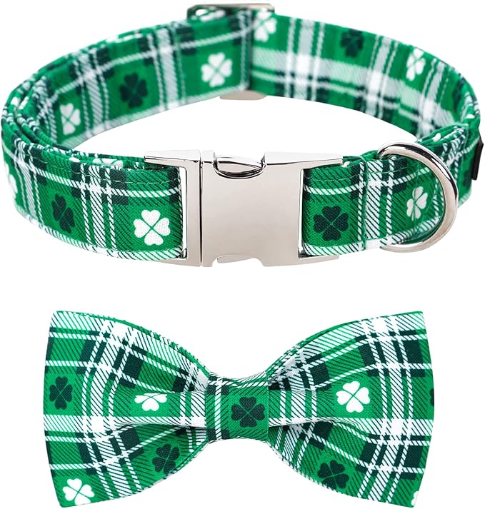 Lionet Paws St Patricks Day Dog Collar with Bowtie, Irish Green Shamrock Clover Bowtie Collar with Metal Buckle for Dogs and Cats Girl Boy ，XXS, Neck 7-11 in