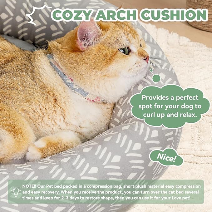 Zerbuger Cat Bed, 20In Dog Beds for Small Dogs, Calming Cat & Dog Beds for Indoor Pets, Pet Beds Comfortable Donut Round Ultra Soft (Grey Pattern, 20.0" L x 20.0" W x 6.5" Th)