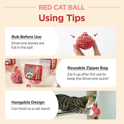 JAYU PET Red Cat Ball [W/Bell Version] - Handmade Silvervine Cat Toy with Catnip, Interactive Matatabi Ball for Indoor Cats & Kittens, Feline Play Toy & Gift (2.7 inch)