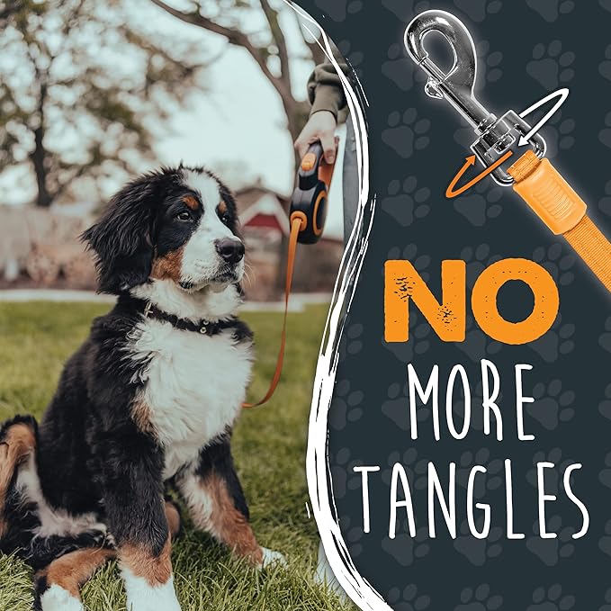Mighty Paw Retractable Dog Leash 2.0 | 16' Heavy Duty Reflective Nylon Tape Lead for Pets up to 0-50 lbs. Tangle Free Design W/One Touch Quick-Lock Braking System & Anti-Slip Handle (Orange/Lite)