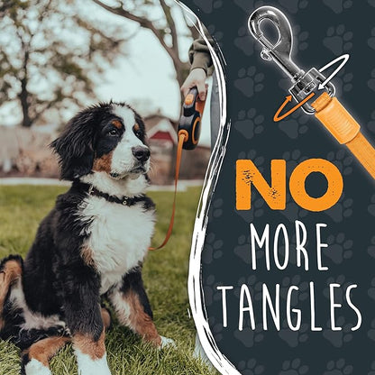 Mighty Paw Retractable Dog Leash 2.0 | 16' Heavy Duty Reflective Nylon Tape Lead for Pets up to 0-50 lbs. Tangle Free Design W/One Touch Quick-Lock Braking System & Anti-Slip Handle (Orange/Lite)