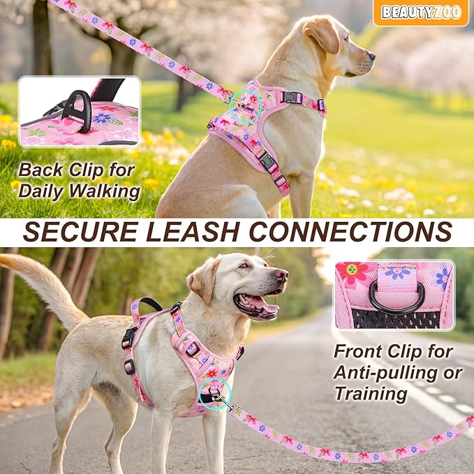 BEAUTYZOO No Pull Dog Harness and Leash Set with 2 Metal Leash Clips - Overhead-Free 3 Snap Buckles Design, Adjustable No-Choke Soft Padded Reflective Oxford Pet Vest for Small Medium Large Dogs, M