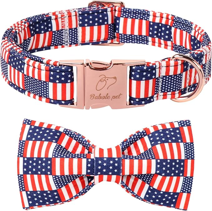 4th of July Dog Collar with Bow Tie - Independence Day Star Flag Bowtie Collar Safety American Flag Patriotic Dog Collars for Small Medium Large Dogs S