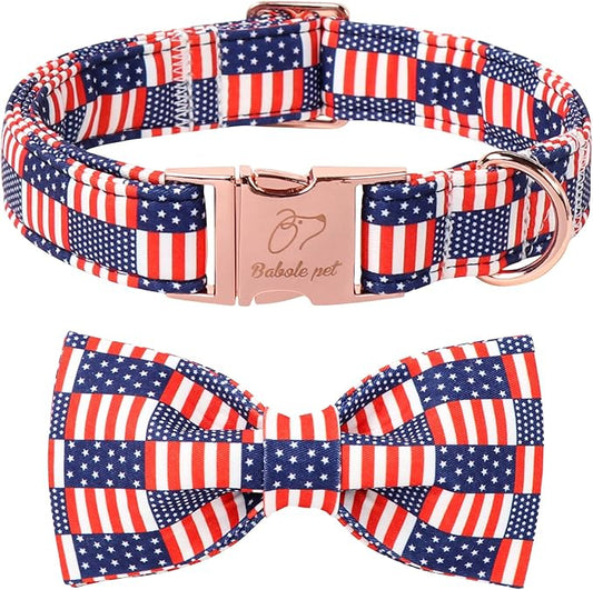 4th of July Dog Collar with Bow Tie - Independence Day Star Flag Bowtie Collar Safety American Flag Patriotic Dog Collars for Small Medium Large Dogs M