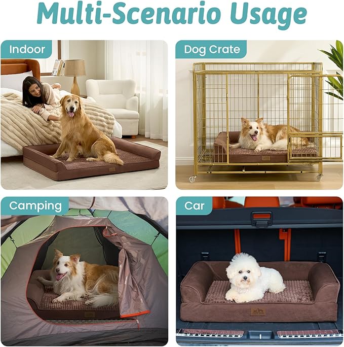 COZY KISS Orthopedic Large Dog Beds, Bolster Pet Couch with Waterproof Lining, Egg Crate Foam Sofa for Pets Up to 65 lbs, U-Shaped, 36x27x6.5 inch, Brown