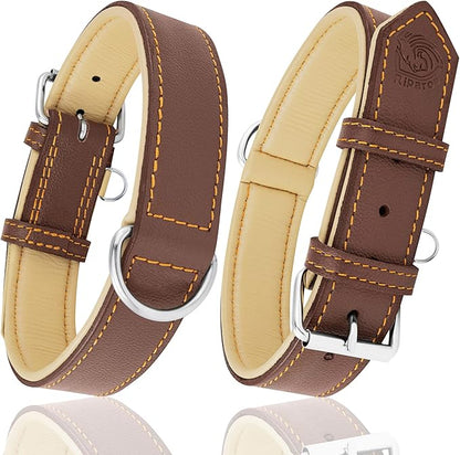 Riparo Adjustable Leather Dog Collar - Heavy Duty Wide Dog Collar for Small, Medium, Large and Extra Large Dogs with Dog Tag Holder (XXL: 2” Wide for 24”-29” Neck, Brown)