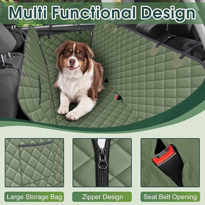 NECKORY Waterproof Dog Car Seat Cover for Back Seat - Durable, Scratch Proof Pet Hammock with Nonslip Design & Storage Pockets, Fits Cars, SUVs, Trucks- S, Green