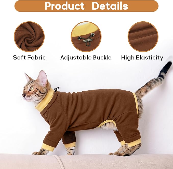 PUMYPOREITY Cat Recovery Suit, Stops Wound Licking After Surgery, Sticky Hair Shirt with Sticky Fabric, Cat Pajamas Prevents Over-Grooming, Brown, XS