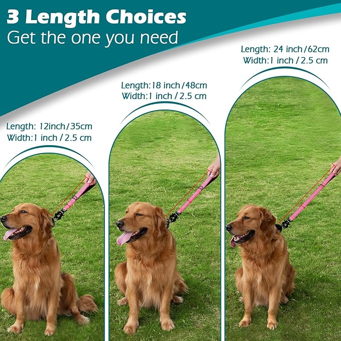 PetBonus Heavy Duty Short Dog Leash, 18 Inch Nylon Traffic Leash with Quick Release Clip, Comfortable Padded Handle, Reflective Training Lead for Medium Large Dogs (Pink, 18")