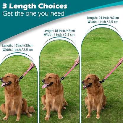 PetBonus Heavy Duty Short Dog Leash, 12 Inch Nylon Traffic Leash with Quick Release Clip, Comfortable Padded Handle, Reflective Training Lead for Medium Large Dogs (Pink, 12")