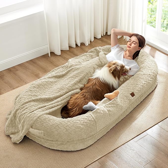 Human Dog Bed for Adult - Luxury Faux Fur Giant Size Dog Bed with Portable Handle, Egg Orthopedic Foam Bed with Blanket, 72"x40"x10", Linen