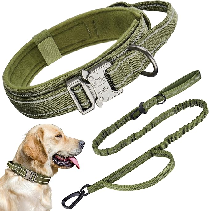 KCUCOP Heavy Duty Tactical Dog Collar and Leash Set, Military Training Nylon Reflective Collar with Handle Metal Buckle for Medium Large Dogs, Green, L (1 Patch Included)