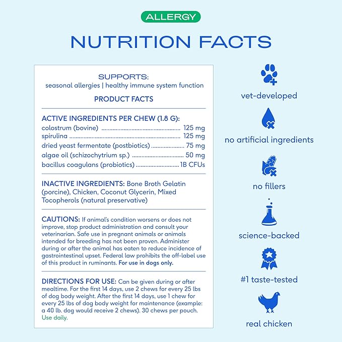 Native Pet Dog Allergy Chews - Dog Allergy Relief with Probiotics and Colostrum for Itchy Skin Relief to Support Seasonal Allergy and Healthy Immune System - All Natural Anti-Histamine - 60 Chews