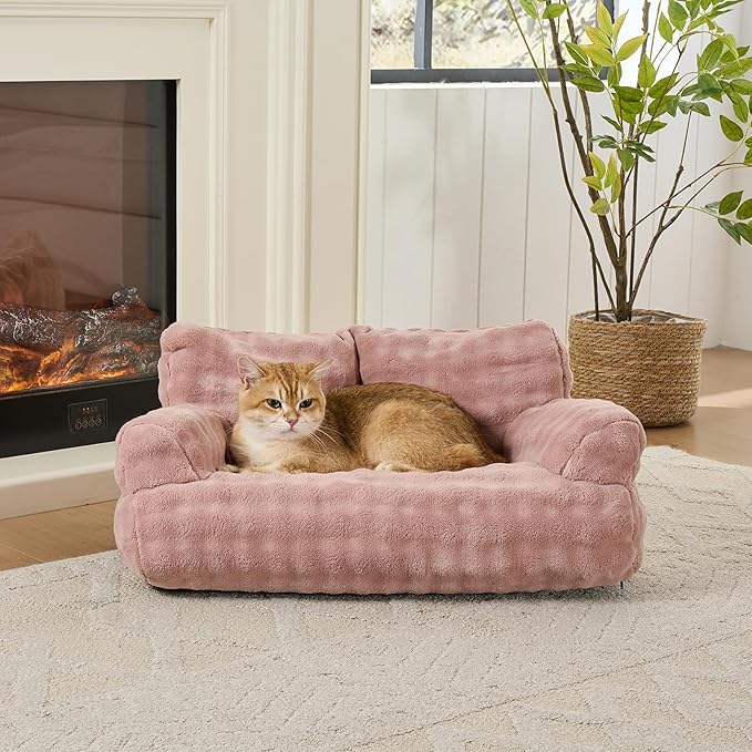 Yaning Cat Couch Bed, Cute Soft Pet Sofa for Indoor Cats Kittens Puppies with Removable Washable Cover, 26"x15", Dusty Pink