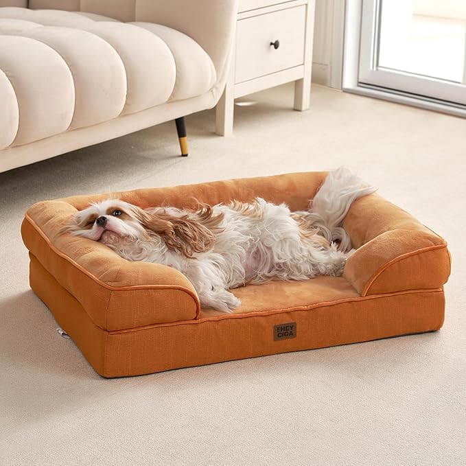 EHEYCIGA Orthopedic Dog Bed for Small Dogs, Waterproof Memory Foam Small Dog Beds with Sides, Non-Slip Bottom and Egg-Crate Foam Medium Pet Couch Bed with Washable Removable Cover,Pumpkin Orange