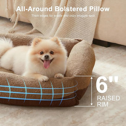 FURTIME Washable Small Dog Bed, Rectangle Comfy Fluffy Kitten Puppy Bed, Removable Zipper Cover Machine Wash, Soft Breathable Orthopedic Bed Durable Pet Cuddler with Anti-Slip Bottom, 20"x19"x6",Brown