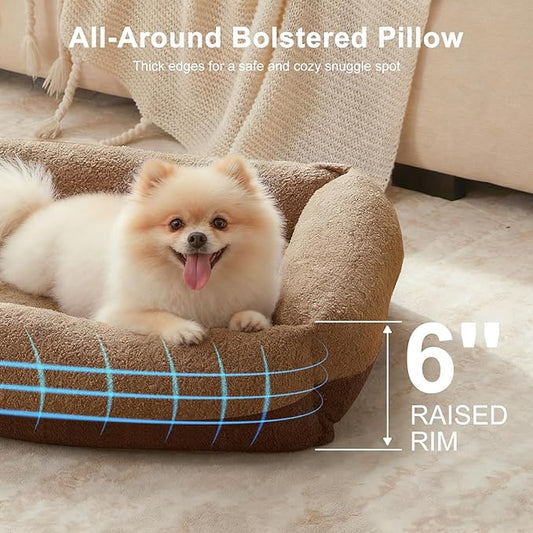 FURTIME Washable Small Dog Bed, Rectangle Comfy Fluffy Kitten Puppy Bed, Removable Zipper Cover Machine Wash, Soft Breathable Orthopedic Bed Durable Pet Cuddler with Anti-Slip Bottom, 20"x19"x6",Brown