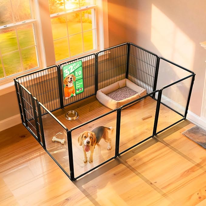 FXW Acrylic & Wire Mesh Indoor Dog Playpen, Heavy Duty 32 Inch 10 Panels Metal Dog Pen for Small and Medium Dogs, Black│Patented