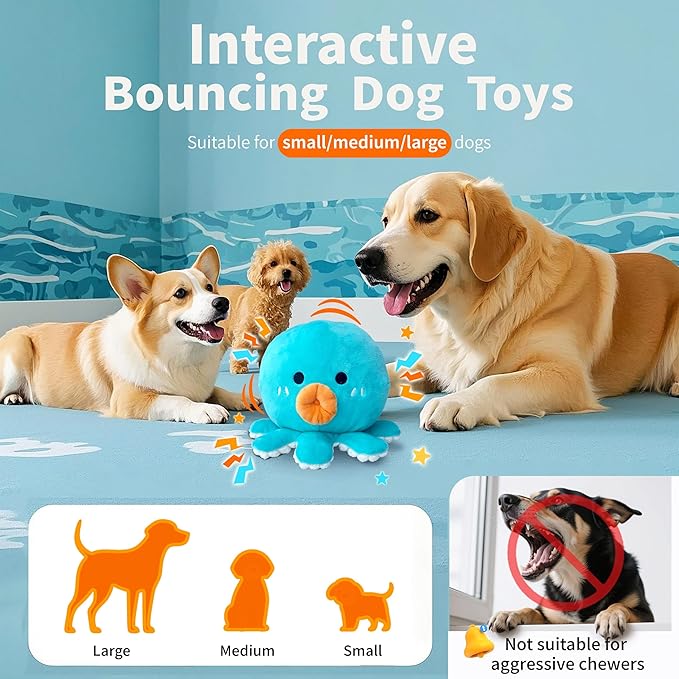 Interactive Dog Toys, [Newly Upgraded] Moving Dog Toy to Keep Them Busy, Bouncing Dogs Toy/Squeaky Rolling Ball with Jumping Music Silent Mode for Small Medium Large Dogs(Upgrade Octopus)