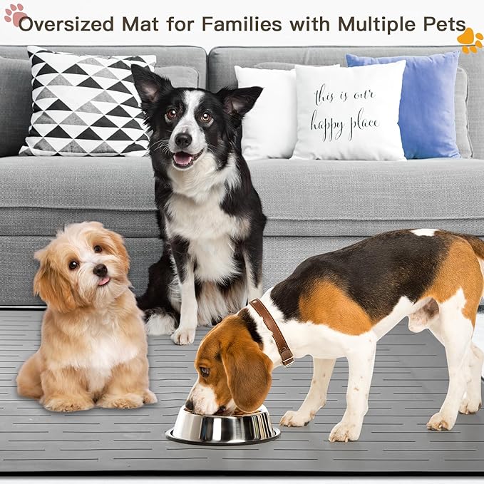 Largest Dog Food Mat, 48"x32" Silicone Dog and Cat Mat for Food and Water Bowls, Thinken Waterproof Non-Slip XXXL Pet Feeding Mat for Floors (Light Gray)