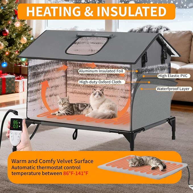 Large Heated Cat House for Outside, Weatherproof Insulated Indoor Extra Large Multi-Cat House with Adjustable Heating Pad, Escape Door & Elevated Base, Warm Shelter for Feral Stray Barn Cats