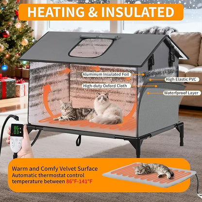 Large Heated Cat House for Outside, Weatherproof Insulated Indoor Extra Large Multi-Cat House with Adjustable Heating Pad, Escape Door & Elevated Base, Warm Shelter for Feral Stray Barn Cats