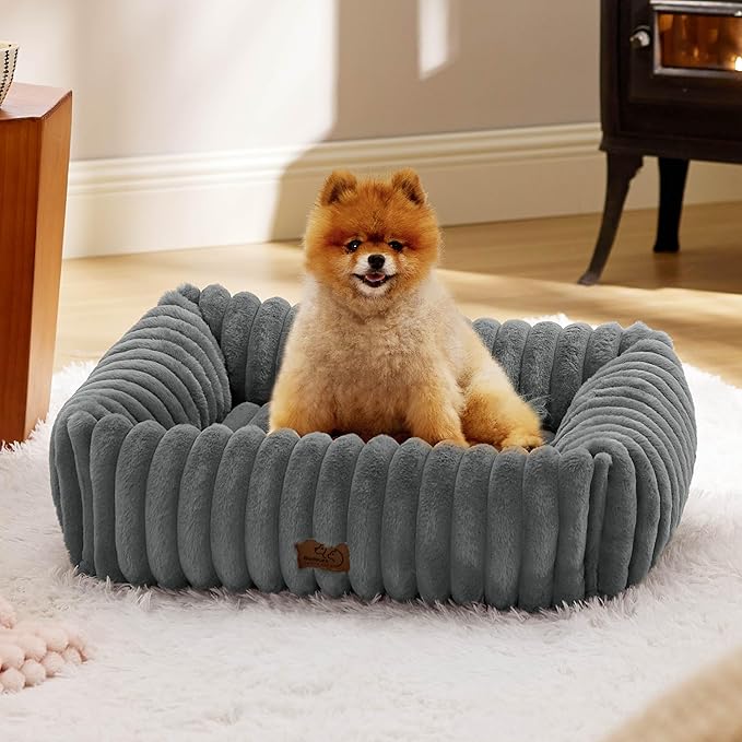 Bedsure ComfyFleece Cute Dog Bed for Small Medium Dogs - Washable Furry Puppy Beds, Rectangle Orthopedic Corduroy Fleece Pet Beds with Removable Zipper Cover, 25x21x7inches, Warm Grey