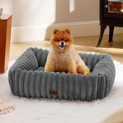 Bedsure ComfyFleece Cute Dog Bed for Small Medium Dogs - Washable Furry Puppy Beds, Rectangle Orthopedic Corduroy Fleece Pet Beds with Removable Zipper Cover, 25x21x7inches, Warm Grey