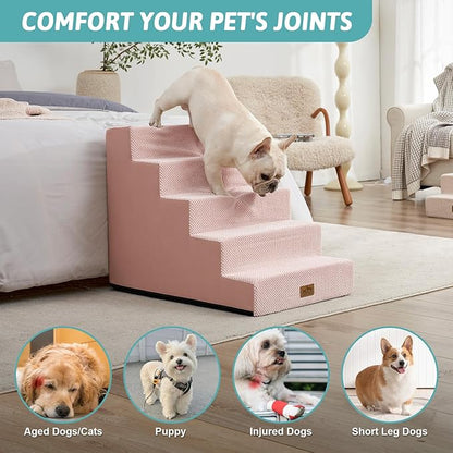 COZY KISS Dog Stairs for Small Dogs 5-Step, 19.7" Extra Wide Right-Angle Pet Stairs for Couch and Beds, Anti-Slip Dog Steps for Old Cats and Lowrider, 19.7x29.5x23.6 inch, Pink