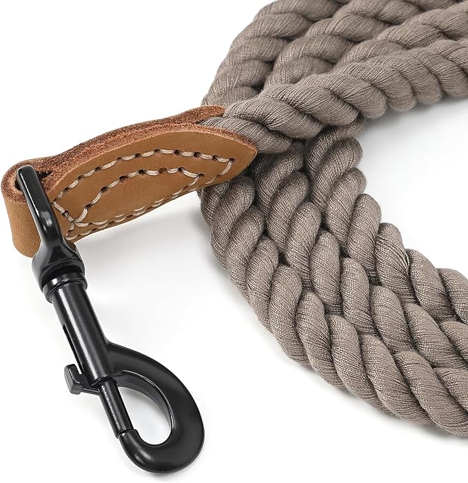Mile High Life Dog Leash, Braided Cotton Rope Leashes with Leather Tailor Tip with Leather Tip - Heavy Duty Metal Clasp, 6FT, 1/2" Thick - Wedding, Walking Leash for Medium Large Dogs(Camel)