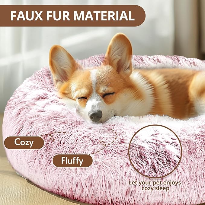JOLLYVOGUE Calming Dog Bed Large Size Dog, Anti-Anxiety Donut Large Pet Bed, 36 inches Fluffy Faux Fur Round Cat Bed, Fits up to 75 lbs Pets (Smoke Pink)