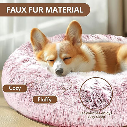 JOLLYVOGUE Calming Dog Bed Large Size Dog, Anti-Anxiety Donut Large Pet Bed, 36 inches Fluffy Faux Fur Round Cat Bed, Fits up to 75 lbs Pets (Smoke Pink)