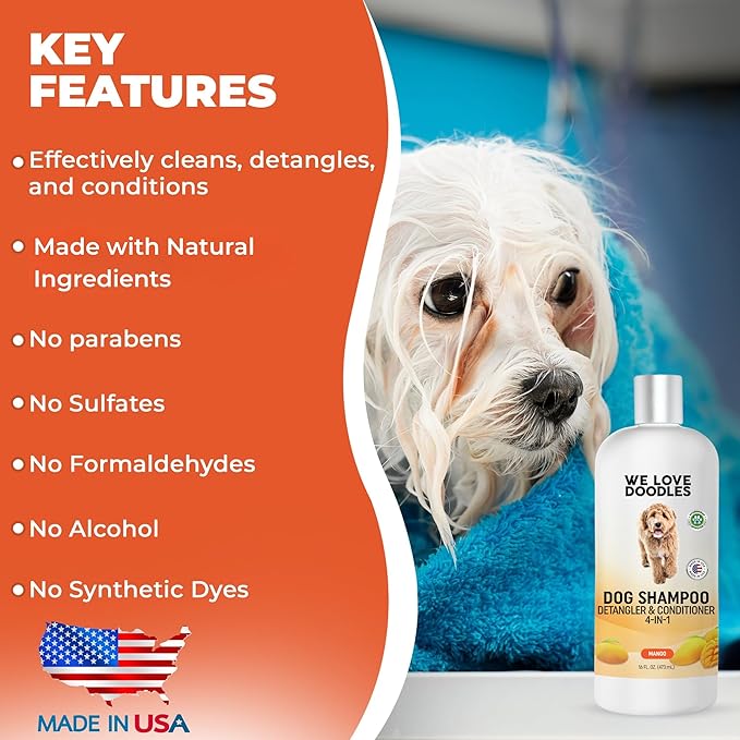 Dog Shampoo, Conditioner & Detangler - Best Shampoo for Goldendoodles, Poodles & Doodles Pet Hair - Hypoallergenic, Tearless, Sensitive Skin for Puppies & All Dog Breeds - Made in USA, 16OZ (Mango)
