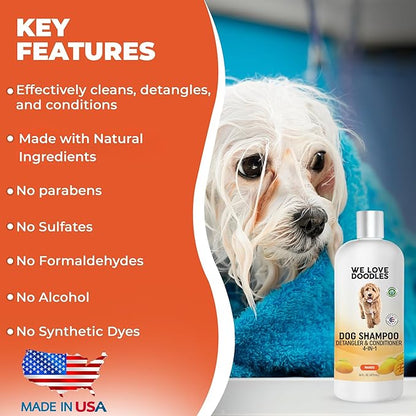 Dog Shampoo, Conditioner & Detangler - Best Shampoo for Goldendoodles, Poodles & Doodles Pet Hair - Hypoallergenic, Tearless, Sensitive Skin for Puppies & All Dog Breeds - Made in USA, 16OZ (Mango)