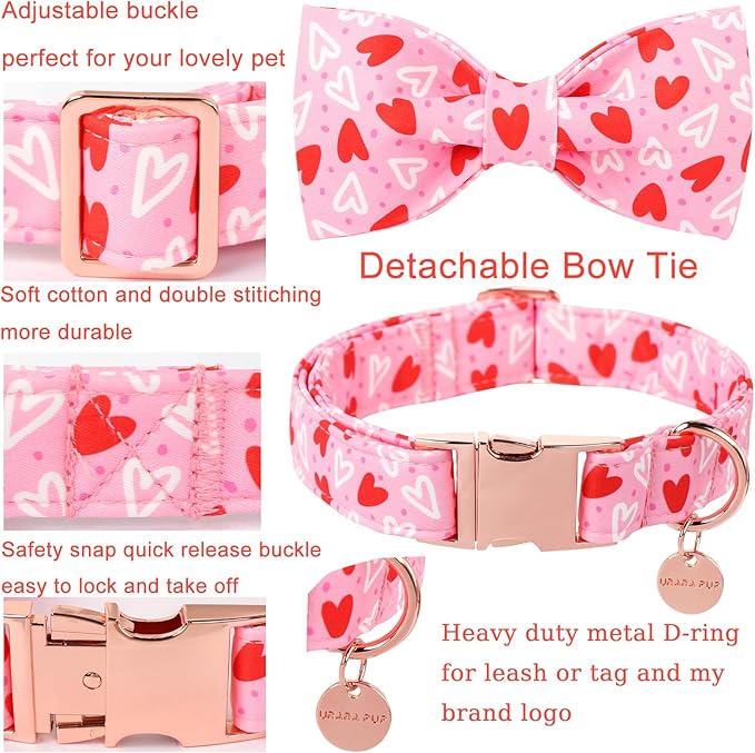 Valentine’s Day Dog Collar with Bow Tie, Red Heart Bowtie Collar with Metal Buckle, Valentine’s Day Gift Pet Collar for Puppy Girl Boy Dog or Cat, Wedding Dog Collar,XL, Neck 16-26in