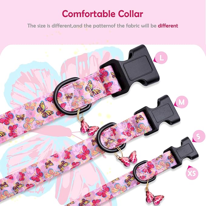 Faygarsle Dog Collar for Small Medium Large Dogs Cute Pink Puppy Collars for Female Dogs Butterfly Patterned Pet Collars for Summer Spring Wedding Puppy Necklace Girl Dog Collar XS